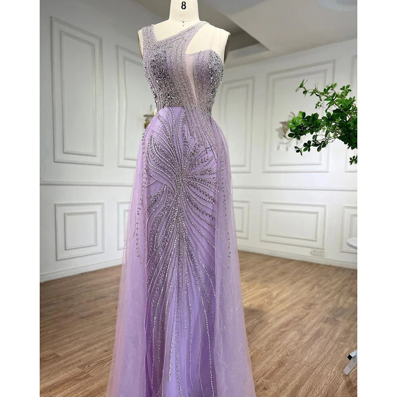 2025 Lilac Luxury Mermaid Evening Gown: One-Shoulder Design with Overskirt and Exquisite Beading for Women's Wedding Festivities